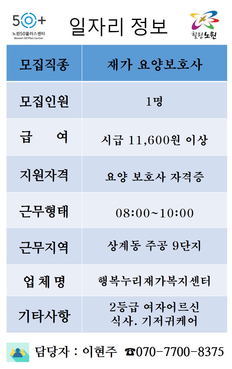 서울시 노원센터 | 2등급 여자어르신 재가요양보호사 채용 2등급 여자어르신 재가요양보호사 채용