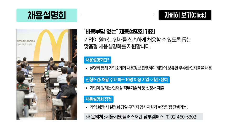채용설명회 자세히 보기(Click)
'비용부담 없는' 채용설명회 개최
기업이 원하는 인재를 신속하게 채용할 수 있도록 돕는
맞춤형 채용설명회를 지원합니다.
채용설명회란?
•설명회 통해 기업소개와 채용정보 진행하여 재단이 보유한 우수한 인재풀을채용
신청조건: 채용 수요 최소 10명 이상 기업·기관·협회
•기업이 원하는 인재상 직무기술서 등신청서 제출
채용설명회 장점
기업 희망시 설명회 당일 구직자 입사지원과 현장면접 진행가능!
※ 문의처: 서울시50플러스재단 남부캠퍼스 T. 02-460-5302