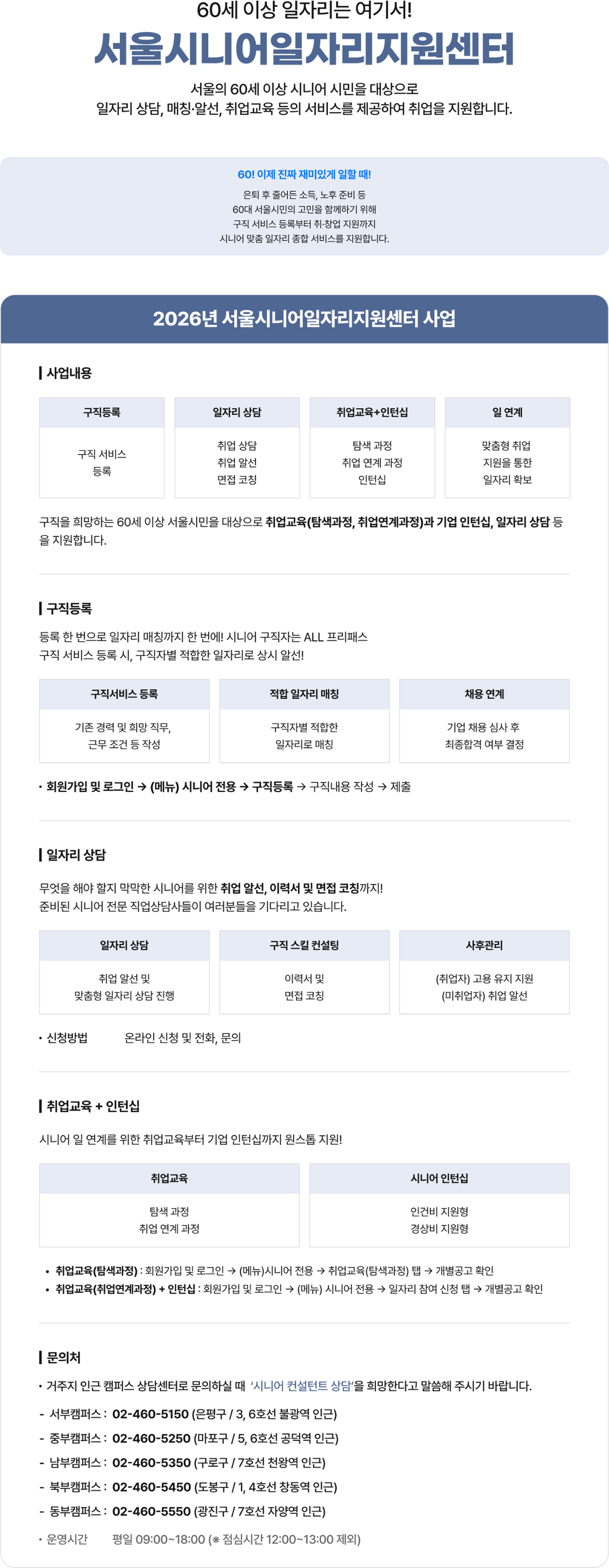 60세 이상 일자리는 여기서! 서울시니어일자리지원센터 서울의 60세 이상 시니어 시민을 대상으로 일자리 상담, 매칭&middot;알선, 취업교육 등의 서비스를 제공하여 취업을 지원합니다. 60! 이제 진짜 재미있게 일할 때! 은퇴 후 줄어든 소득, 노후 준비 등 60대 서울시민의 고민을 함께하기 위해 구직 서비스 등록부터 취&middot;창업 지원까지 시니어 맞춤 일자리 종합 서비스를 지원합니다. 2026년 서울시니어일자리지원센터 사업 | 사업내용 구직등록 일자리 상담 취업교육+인턴십 일 연계 구직 서비스 등록 취업 상담 취업 알선 면접 코칭 탐색 과정 취업 연계 과정 인턴십 맞춤형 취업 지원을 통한 일자리 확보 구직을 희망하는 60세 이상 서울시민을 대상으로 취업교육(탐색과정, 취업연계과정)과 기업 인턴십, 일자리 상담 등 을 지원합니다. | 구직등록 등록 한 번으로 일자리 매칭까지 한 번에! 시니어 구직자는 ALL 프리패스 구직 서비스 등록 시, 구직자별 적합한 일자리로 상시 알선! 구직서비스 등록 기존 경력 및 희망 직무, 근무 조건 등 작성 적합 일자리 매칭 채용 연계 기업 채용 심사 후 최종합격 여부 결정 구직자별 적합한 일자리로 매칭 &bull; 회원가입 및 로그인 &rarr; (메뉴) 시니어 전용 &rarr; 구직등록 구직내용 작성 &rarr; 제출 | 일자리 상담 무엇을 해야 할지 막막한 시니어를 위한 취업 알선, 이력서 및 면접 코칭까지! 준비된 시니어 전문 직업상담사들이 여러분들을 기다리고 있습니다. 일자리 상담 취업 알선 및 맞춤형 일자리 상담 진행 신청방법 온라인 신청 및 전화, 문의 구직 스킬 컨설팅 이력서 및 면접 코칭 사후관리 (취업자) 고용 유지 지원 (미취업자) 취업 알선 |취업교육 + 인턴십 시니어 일 연계를 위한 취업교육부터 기업 인턴십까지 원스톱 지원! 취업교육 탐색 과정 취업 연계 과정 시니어 인턴십 인건비 지원형 경상비 지원형 &bull; 취업교육(탐색과정) : 회원가입 및 로그인 &rarr; (메뉴)시니어 전용 &rarr; 취업교육(탐색과정) 탭 &rarr; 개별공고 확인 &bull; 취업교육(취업연계과정) + 인턴십 : 회원가입 및 로그인 &rarr; (메뉴) 시니어 전용 일자리 참여 신청 탭 개별공고 확인 | 문의처 &bull; 거주지 인근 캠퍼스 상담센터로 문의하실 때 '시니어 컨설턴트 상담'을 희망한다고 말씀해 주시기 바랍니다. 서부캠퍼스: 02-460-5150 (은평구/3, 6호선 불광역 인근) 중부캠퍼스: 02-460-5250 (마포구 / 5, 6호선 공덕역 인근) 남부캠퍼스: 02-460-5350 (구로구 / 7호선 천왕역 인근) 북부캠퍼스: 02-460-5450 (도봉구/1, 4호선 창동역 인근) 동부캠퍼스: 02-460-5550 (광진구 / 7호선 자양역 인근) 운영시간 평일 09:00~18:00 (* 점심시간 12:00~13:00 제외) 
