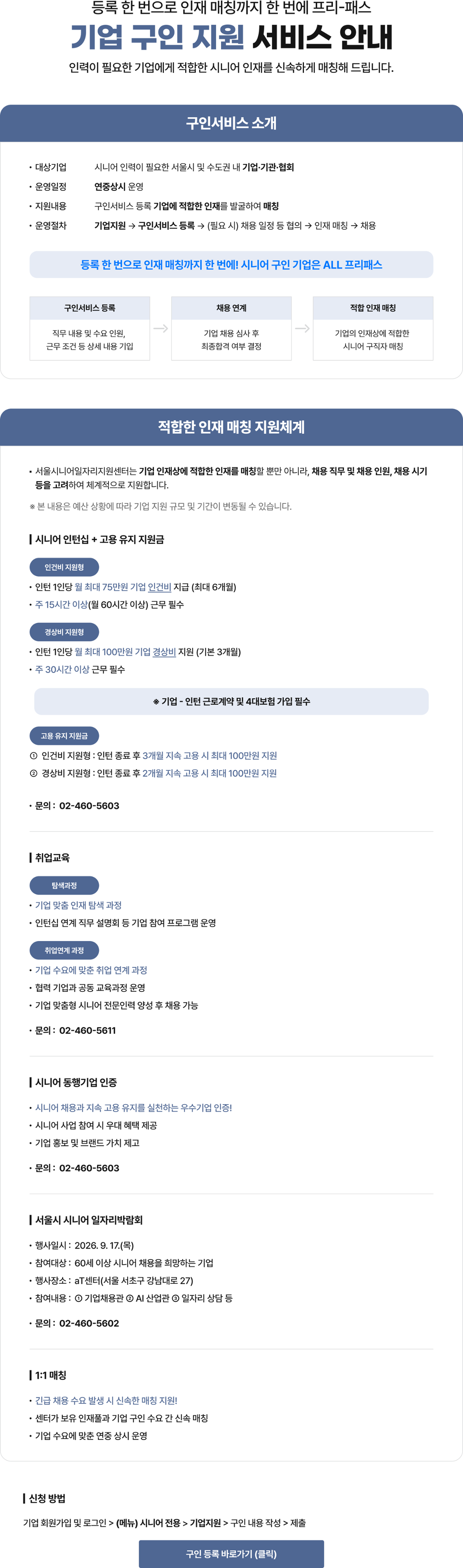 등록 한 번으로 인재 매칭까지 한 번에 프리패스 기업 구인 지원 서비스 안내 인력이 필요한 기업에게 적합한 시니어 인재를 신속하게 매칭해 드립니다. 구인서비스 소개 대상기업 시니어 인력이 필요한 서울시 및 수도권 내 기업&middot;기관&middot;협회 &bull; 운영일정 연중상시 운영 &bull; 지원내용 구인서비스 등록 기업에 적합한 인재를 발굴하여 매칭 &middot; 운영절차 기업지원 구인서비스 등록 (필요시) 채용 일정 등 협의 인재 매칭 채용 등록 한 번으로 인재 매칭까지 한번에! 시니어 구인 기업은 ALL 프리패스 구인서비스 등록 채용연계 적합 인재 매칭 직무내용 및 수요 인원, 근무 조건 등 상세 내용 기입 기업 채용 심사 후 최종합격 여부 결정 기업의 인재상에 적합한 시니어 구직자 매칭 적합한 인재 매칭 지원체계 &bull; 서울시니어일자리지원센터는 기업 인재상에 적합한 인재를 매칭할 뿐만 아니라, 채용 직무 및 채용인원, 채용 시기 등을 고려하여 체계적으로 지원합니다. ※ 본 내용은 예산 상황에 따라 기업 지원 규모 및 기간이 변동될 수 있습니다. 시니어 인턴십 + 고용유지지원금 인건비 지원형 인턴 1인당 월 최대 75만원 기업 인건비 지급 (최대 6개월) &bull; 주 15시간 이상(월 60시간 이상) 근무 필수  경상비 지원형 인턴 1인당 월 최대 100만원 기업 경상비 지원 (기본 3개월)  주 30시간 이상 근무 필수 ※기업 - 인턴근로계약 및 4대보험 가입 필수 고용유지지원금 1 인건비 지원형 : 인턴 종료 후 3개월 지속 고용 시 최대 100만원 지원 2 경상비 지원형 : 인턴 종료 후 2개월 지속 고용 시 최대 100만원 지원  문의: 02-460-5603 ᅵ취업교육  탐색과정 기업 맞춤 인재 탐색 과정 인턴십 연계 직무 설명회 등 기업 참여 프로그램 운영 취업연계과정  기업 수요에 맞춘 취업연계과정  협력 기업과 공동교육과정 운영   기업 맞춤형 시니어 전문인력 양성 후 채용 가능 문의: 02-460-5611  시니어 동행기업 인증 시니어 채용과 지속 고용 유지를 실천하는 우수기업 인증!  시니어 사업 참여 시 우대 혜택 제공 기업 홍보 및 브랜드 가치 제고  문의: 02-460-5603 |서울시 시니어 일자리박람회 행사일시: 2026.9.17.(목)  참여대상: 60세 이상 시니어 채용을 희망하는 기업  행사장소 : aT센터(서울 서초구 강남대로27) 참여내용: 1 기업채용관 2 AI 산업관 3 일자리 상담 등  문의: 02-460-5602 ᅳ 1:1 매칭  긴급 채용 수요 발생 시 신속한 매칭 지원!  센터가 보유 인재풀과 기업 구인 수요 간 신속 매칭  기업 수요에 맞춘 연중 상시 운영 ᅵ신청 방법 기업회원가입 및 로그인 > (메뉴) 시니어 전용 > 기업지원 > 구인 내용 작성 > 제출 구인등록 바로가기 (클릭)