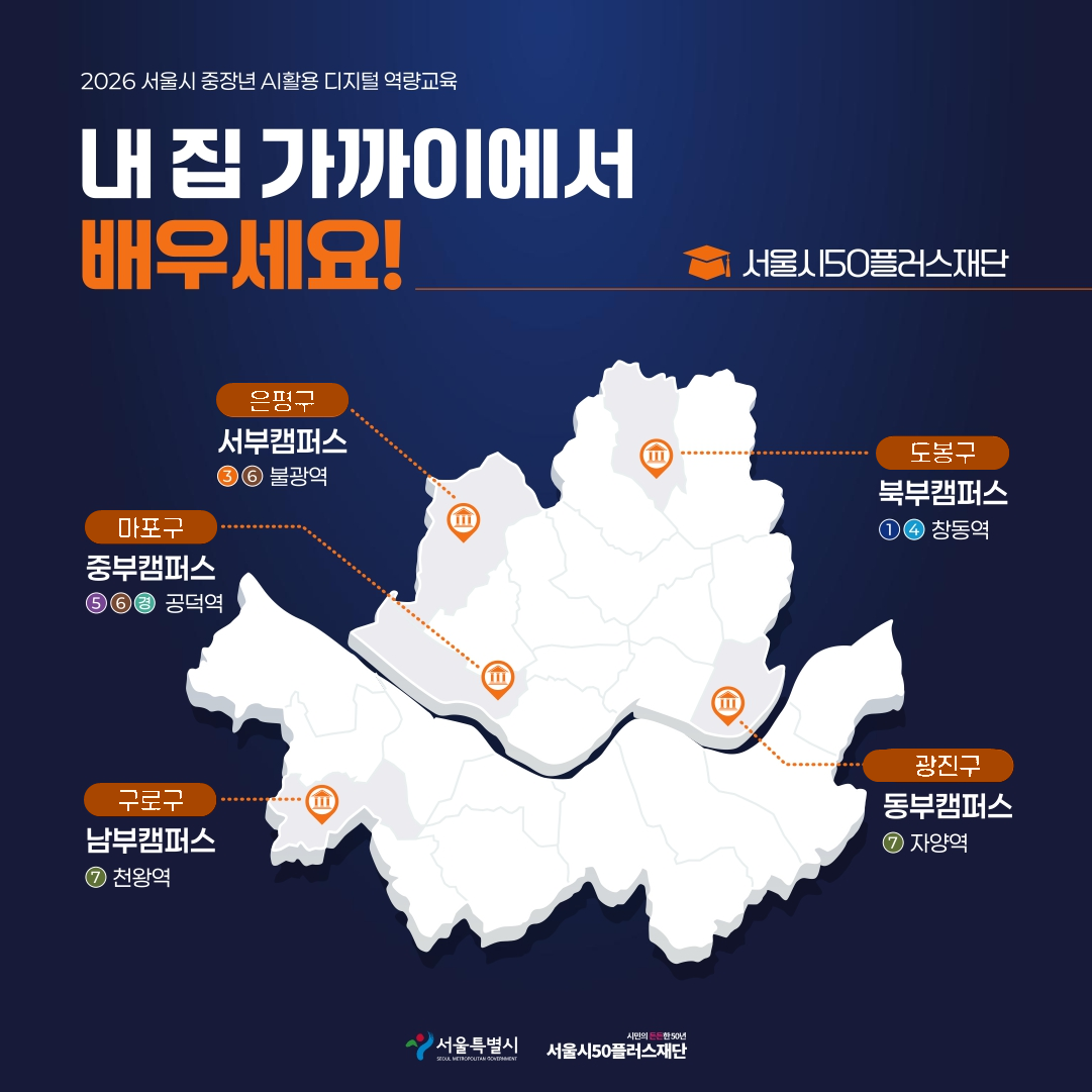 2026 서울시 중장년 AI활용 디지털 역량교육 내 집 가까이에서 배우세요! 은평구 서부캠퍼스 3&middot;6 불광역, 마포구 중부캠퍼스 5&middot;6&middot;경 공덕역, 구로구 남부캠퍼스 7 천왕역, 도봉구 북부캠퍼스 1&middot;4 창동역, 광진구 동부캠퍼스 7 자양역