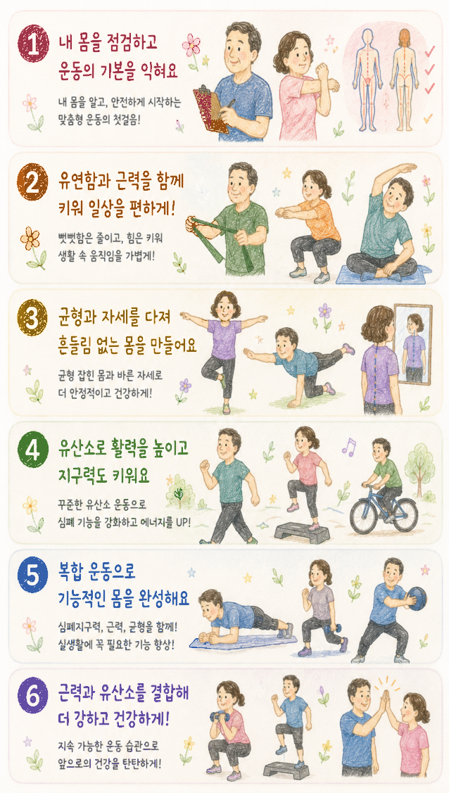 1 내 몸을 점검하고 운동의 기본을 익혀요 내 몸을 알고, 안전하게 시작하는 맞춤형 운동의 첫걸음! 2 유연함과 근력을 함께 키워 일상을 편하게! 뻣뻣함은 줄이고, 힘은 키워 생활 속 움직임을 가볍게! 3 균형과 자세를 다져 흔들림 없는 몸을 만들어요 균형 잡힌 몸과 바른 자세로 더 안정적이고 건강하게! 4 유산소로 활력을 높이고 지구력도 키워요 꾸준한 유산소 운동으로 심폐 기능을 강화하고 에너지를 UP! 5 복합 운동으로 기능적인 몸을 완성해요 심폐지구력, 근력, 균형을 함께! 실생활에 꼭 필요한 기능 향상! 6 근력과 유산소를 결합해 더 강하고 건강하게! 지속 가능한 운동 습관으로 앞으로의 건강을 탄탄하게!