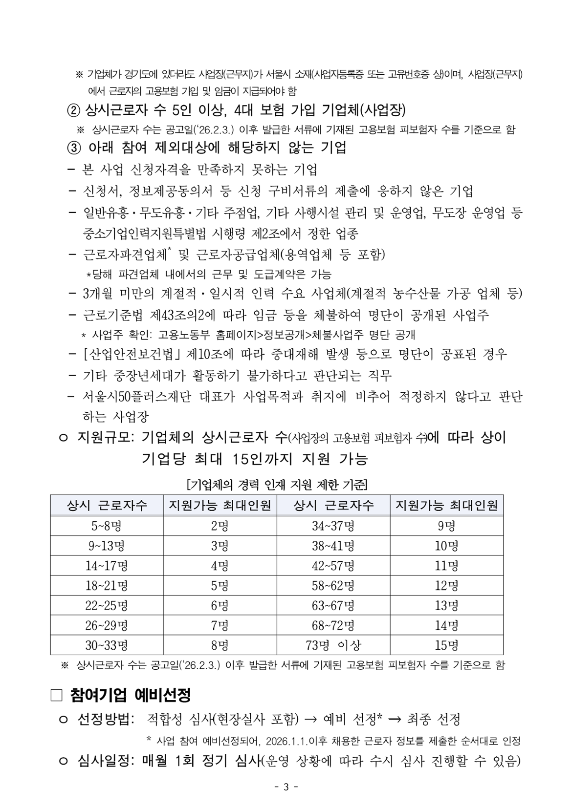 3쪽: 기업 요건 계속, 경력 인재 지원 제한 기준 표, 참여기업 예비선정 절차