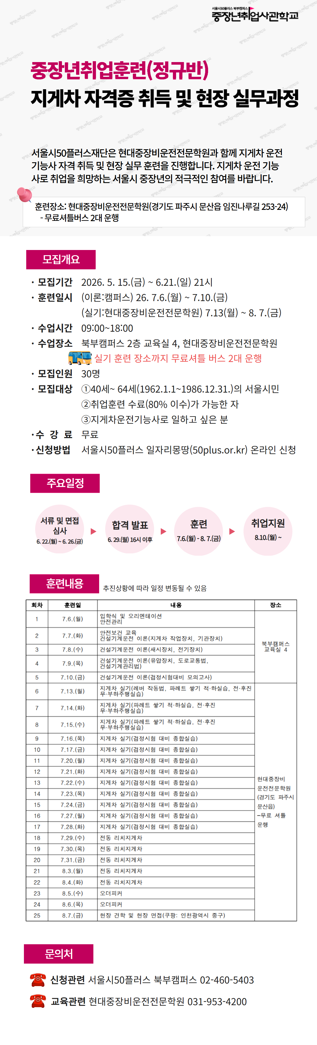 상세 대체텍스트:  `중장년취업훈련(정규반) 지게차 자격증 취득 및 현장 실무과정.  서울시50플러스재단은 현대중장비운전전문학원과 함께 지게차 운전기능사 자격 취득 및 현장 실무 훈련을 진행합니다. 지게차 운전 기능사로 취업을 희망하는 서울시 중장년의 적극적인 참여를 바랍니다.  훈련장소: 현대중장비운전전문학원(경기도 파주시 문산읍 임진나루길 253-24). 무료셔틀버스 2대 운행.  모집개요. 모집기간 2026. 5. 15.(금) ~ 6.21.(일) 21시. 훈련일시 (이론:캠퍼스) 26. 7.6.(월) ~ 7.10.(금). (실기:현대중장비운전전문학원) 7.13(월) ~ 8. 7.(금). 수업시간 09:0018:00. 수업장소 북부캠퍼스 2층 교육실 4, 현대중장비운전전문학원. 실기 훈련 장소까지 무료셔틀 버스 2대 운행. 모집인원 30명. 모집대상 1. 40세64세(1962.1.1~1986.12.31.)의 서울시민. 2. 취업훈련 수료(80% 이수)가 가능한 자. 3. 지게차운전기능사로 일하고 싶은 분. 수강료 무료. 신청방법 서울시50플러스 일자리몽땅(50plus.or.kr) 온라인 신청.  주요일정. 서류 및 면접심사 6.22.(월) ~ 6.26.(금). 합격 발표 6.29.(월) 16시 이후. 훈련 7.6.(월) - 8.7.(금). 취업지원 8.10.(월) ~  훈련내용. 추진상황에 따라 일정 변동될 수 있음. 회차 / 훈련일 / 내용 / 장소. 1 / 7.6.(월) / 입학식 및 오리엔테이션, 안전 관리 / 북부캠퍼스 교육실 4. 2 / 7.7.(화) / 안전보건 교육, 건설기계운전 이론(지게차 작업장치, 기관장치) / 북부캠퍼스 교육실 4. 3 / 7.8.(수) / 건설기계운전 이론(새시장치, 전기장치) / 북부캠퍼스 교육실 4. 4 / 7.9.(목) / 건설기계운전 이론(유압장치, 도로교통법, 건설기계관리법) / 북부캠퍼스 교육실 4. 5 / 7.10.(금) / 건설기계운전 이론(검정시험대비 모의고사) / 북부캠퍼스 교육실 4. 6 / 7.13.(월) / 지게차 실기(레버 작동법, 파레트 쌓기 적&middot;하실습, 전&middot;후진 무&middot;부하주행실습) / 현대중장비운전전문학원(경기도 파주시 문산읍), 무료 셔틀 운행. 7 / 7.14.(화) / 지게차 실기(파레트 쌓기 적&middot;하실습, 전&middot;후진 무&middot;부하주행실습) / 현대중장비운전전문학원(경기도 파주시 문산읍), 무료 셔틀 운행. 8 / 7.15.(수) / 지게차 실기(파레트 쌓기 적&middot;하실습, 전&middot;후진 무&middot;부하주행실습) / 현대중장비운전전문학원(경기도 파주시 문산읍), 무료 셔틀 운행. 9 / 7.16.(목) / 지게차 실기(검정시험 대비 종합실습) / 현대중장비운전전문학원(경기도 파주시 문산읍), 무료 셔틀 운행. 10 / 7.17.(금) / 지게차 실기(검정시험 대비 종합실습) / 현대중장비운전전문학원(경기도 파주시 문산읍), 무료 셔틀 운행. 11 / 7.20.(월) / 지게차 실기(검정시험 대비 종합실습) / 현대중장비운전전문학원(경기도 파주시 문산읍), 무료 셔틀 운행. 12 / 7.21.(화) / 지게차 실기(검정시험 대비 종합실습) / 현대중장비운전전문학원(경기도 파주시 문산읍), 무료 셔틀 운행. 13 / 7.22.(수) / 지게차 실기(검정시험 대비 종합실습) / 현대중장비운전전문학원(경기도 파주시 문산읍), 무료 셔틀 운행. 14 / 7.23.(목) / 지게차 실기(검정시험 대비 종합실습) / 현대중장비운전전문학원(경기도 파주시 문산읍), 무료 셔틀 운행. 15 / 7.24.(금) / 지게차 실기(검정시험 대비 종합실습) / 현대중장비운전전문학원(경기도 파주시 문산읍), 무료 셔틀 운행. 16 / 7.27.(월) / 지게차 실기(검정시험 대비 종합실습) / 현대중장비운전전문학원(경기도 파주시 문산읍), 무료 셔틀 운행. 17 / 7.28.(화) / 지게차 실기(검정시험 대비 종합실습) / 현대중장비운전전문학원(경기도 파주시 문산읍), 무료 셔틀 운행. 18 / 7.29.(수) / 전동 리치지게차 / 현대중장비운전전문학원(경기도 파주시 문산읍), 무료 셔틀 운행. 19 / 7.30.(목) / 전동 리치지게차 / 현대중장비운전전문학원(경기도 파주시 문산읍), 무료 셔틀 운행. 20 / 7.31.(금) / 전동 리치지게차 / 현대중장비운전전문학원(경기도 파주시 문산읍), 무료 셔틀 운행. 21 / 8.3.(월) / 전동 리치지게차 / 현대중장비운전전문학원(경기도 파주시 문산읍), 무료 셔틀 운행. 22 / 8.4.(화) / 전동 리치지게차 / 현대중장비운전전문학원(경기도 파주시 문산읍), 무료 셔틀 운행. 23 / 8.5.(수) / 오더피커 / 현대중장비운전전문학원(경기도 파주시 문산읍), 무료 셔틀 운행. 24 / 8.6.(목) / 오더피커 / 현대중장비운전전문학원(경기도 파주시 문산읍), 무료 셔틀 운행. 25 / 8.7.(금) / 현장 견학 및 현장 면접(쿠팡: 인천광역시 중구) / 현대중장비운전전문학원(경기도 파주시 문산읍), 무료 셔틀 운행.  문의처. 신청관련 서울시50플러스 북부캠퍼스 02-460-5403. 교육관련 현대중장비운전전문학원 031-953-4200