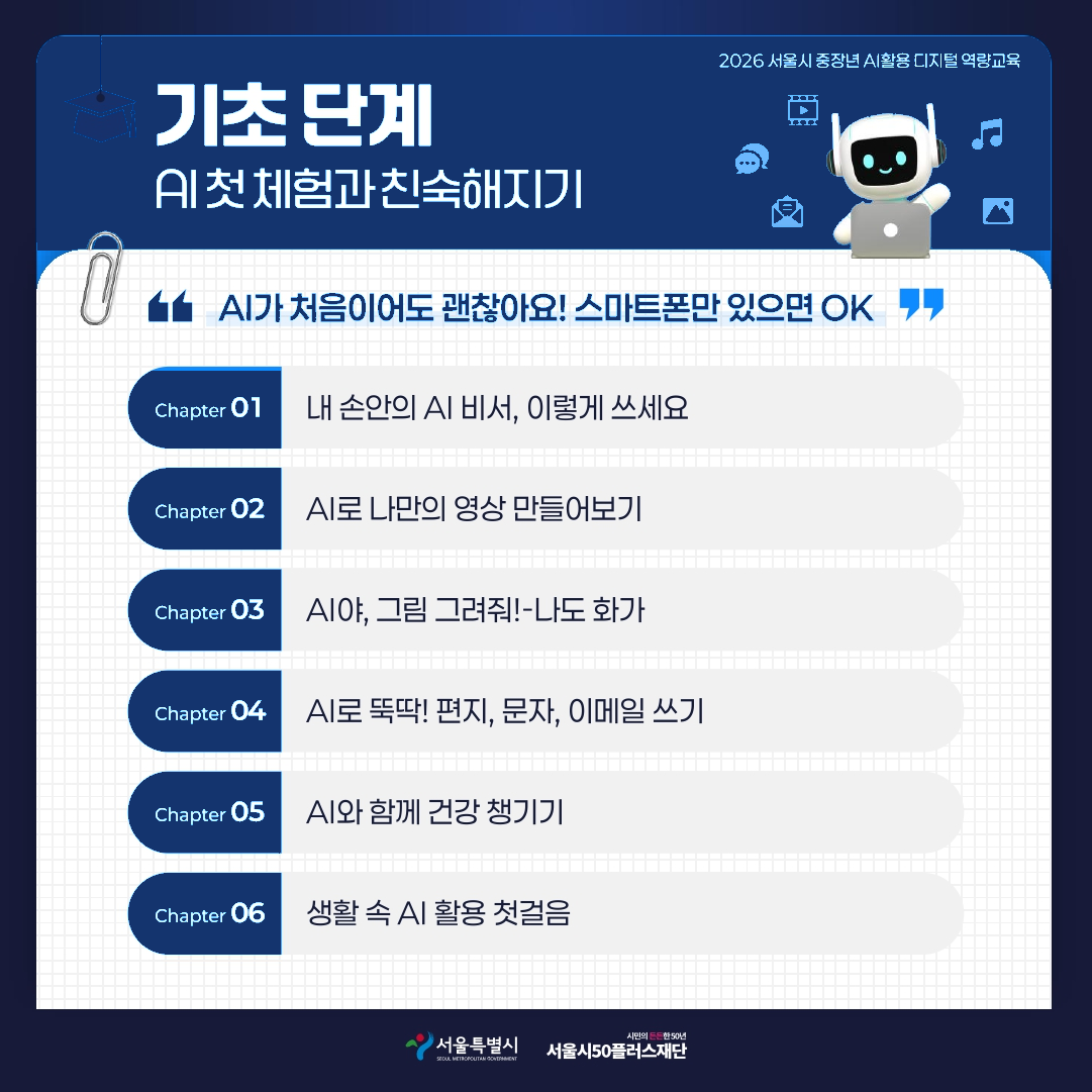 2026 서울시 중장년 AI활용 디지털 역량교육 기초단계 AI 첫 체험과 친숙해지기 AI가 처음이어도 괜찮아요! 스마트폰만 있으면 OK Chapter 01 내 손안의 AI 비서, 이렇게 쓰세요 Chapter 02 AI로 나만의 영상 만들어보기 Chapter 03 AI야, 그림 그려줘! - 나도 화가 Chapter 04 AI로 뚝딱! 편지, 문자, 이메일 쓰기 Chapter 05 AI와 함께 건강 챙기기 Chapter 06 생활 속 AI 활용 첫걸음