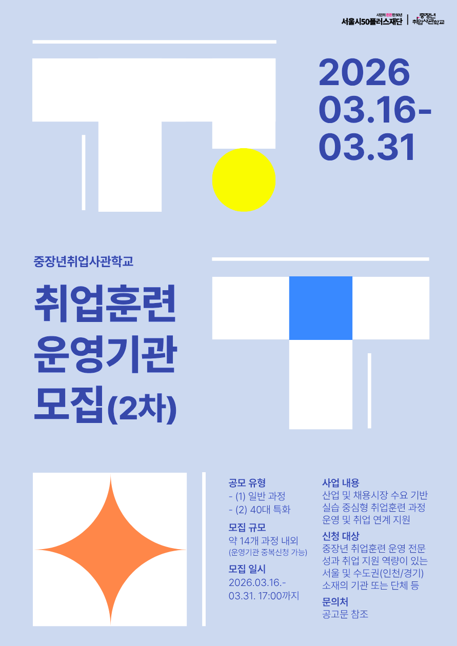 서울시50플러스재단 중장년 취업학교 2026 03.16- 03.31 중장년취업사관학교 취업훈련 운영기관 모집(2차) 공모 유형 - (1) 일반 과정 - (2) 40대 특화 모집 규모 약 14개 과정 내외 (운영기관 중복신청 가능) 모집일시 2026.03.16.- 03.31. 17:00까지 사업 내용 산업 및 채용시장 수요 기반 실습 중심형 취업훈련 과정 운영 및 취업 연계 지원 신청 대상 중장년 취업훈련 운영 전문 성과 취업 지원 역량이 있는 서울 및 수도권(인천/경기) 소재의 기관 또는 단체 등 문의처 공고문 참조